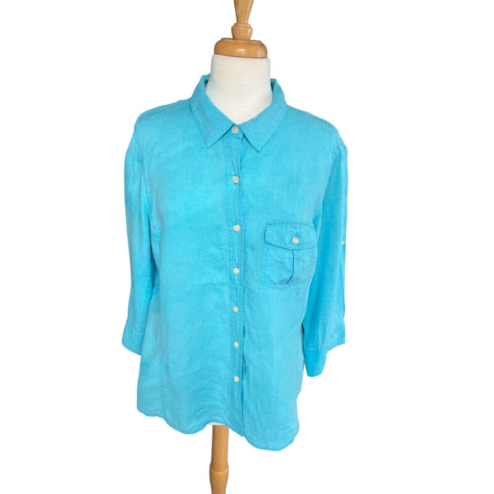 Talbots Blue Irish Linen Button Down Shirt 16 Roll Tab Sleeve Lightweight Top